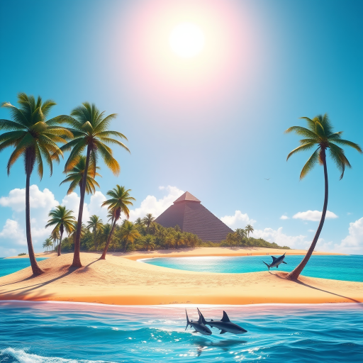 Generate a vibrant digital illustration of a tropical island with tall palm trees, sandy beaches, and two pyramids in the background, with a bright sun in a clear blue sky, include a calm ocean with subtle waves and a couple of sharks finning near the shore, shot with a DSLR camera at f/8 aperture, 1/200 sec shutter speed, and ISO 100, with a wide-angle view for enhanced depth and clarity.