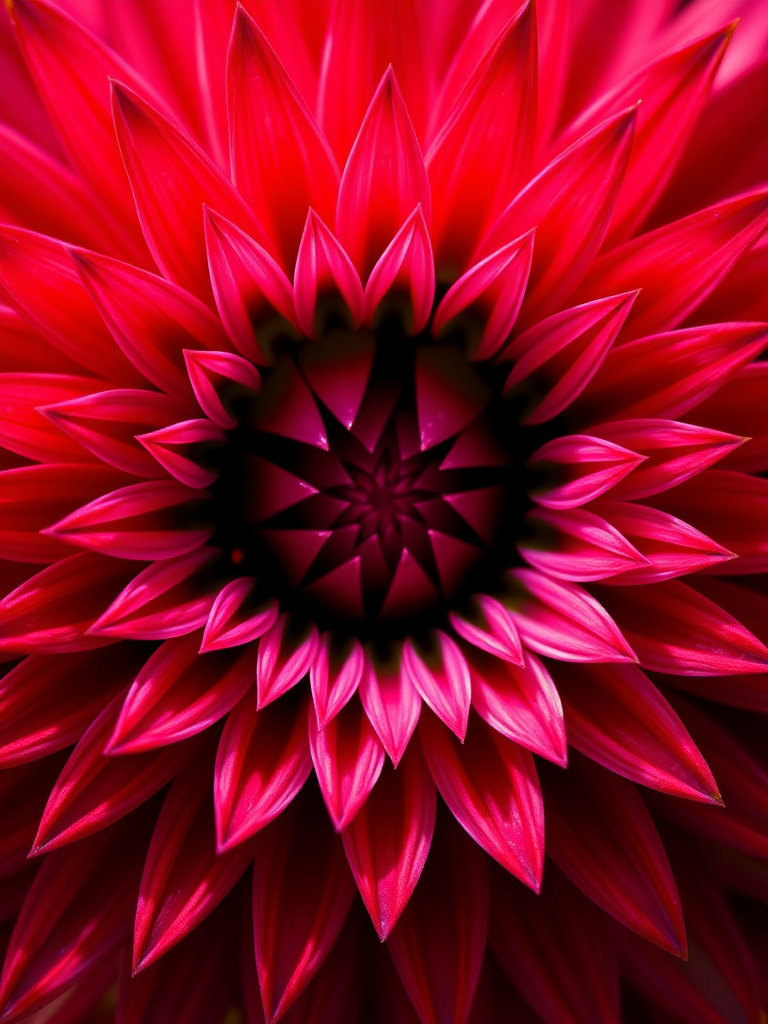 create a vibrant, multi-layered starburst design with shades of red and pink, captured with a DSLR camera at f/4, ISO 100, 1/250 sec, using a macro lens for sharp details and a soft-focus background.