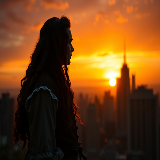 Create a high-resolution image of a historical figure with long hair dressed in 18th-century attire, silhouetted against a vibrant sunset over a modern skyline featuring skyscrapers, using a Canon EOS R5 with a 50mm f/1.2 lens, aperture set to f/2.8, ISO 100, and captured from a low angle to emphasize the figure against the backdrop.