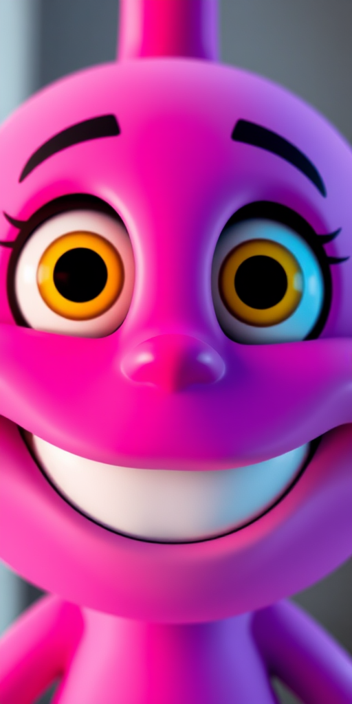 Create an image of a cartoonish character with a bright gradient pink to purple face, large yellow and black eyes, and a big white smile, captured using a DSLR camera with a 50mm lens at f/1.8, ISO 100, in high-resolution, with a soft-focus background for enhanced quality.