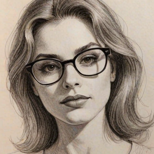 Bewitching Madison Bailey, pencil sketch, portrait of Beauteous woman 1977s in glasses, hair style beatnik, outline, clear lines, fine lines, 8k