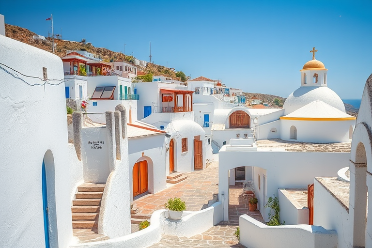scenic view of a whitewashed Greek village with traditional architecture, narrow streets, and a church in bright sunlight, high dynamic range, ISO 100, aperture f/8, shutter speed 1/250s, wide-angle lens, taken with a DSLR camera