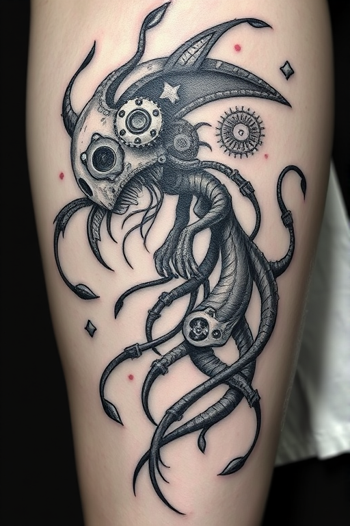 Surrealist bio-organic tattoo depicting a hybrid creature with mechanical gears and flowing tendrils, incorporating elements of steampunk and art nouveau styles in a monochromatic grayscale palette
