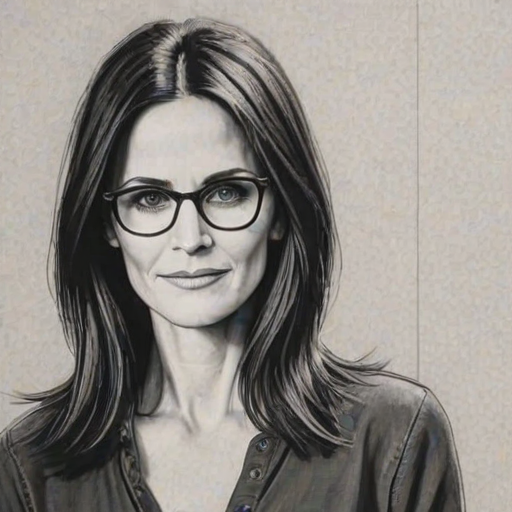 Charming Courteney Cox, pencil sketch, portrait of Delightful woman 1921s in glasses, hair style beatnik, outline, clear lines, fine lines, 8k