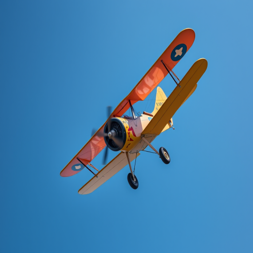 Create a high-resolution image of a vintage biplane in flight, captured with a Canon EOS 5D Mark IV, 50mm lens, aperture f/2.8, shutter speed 1/1000s, ISO 100, from a low-angle perspective to emphasize its wings and detailing against a clear blue sky, using a vibrant color palette to enhance visual appeal.