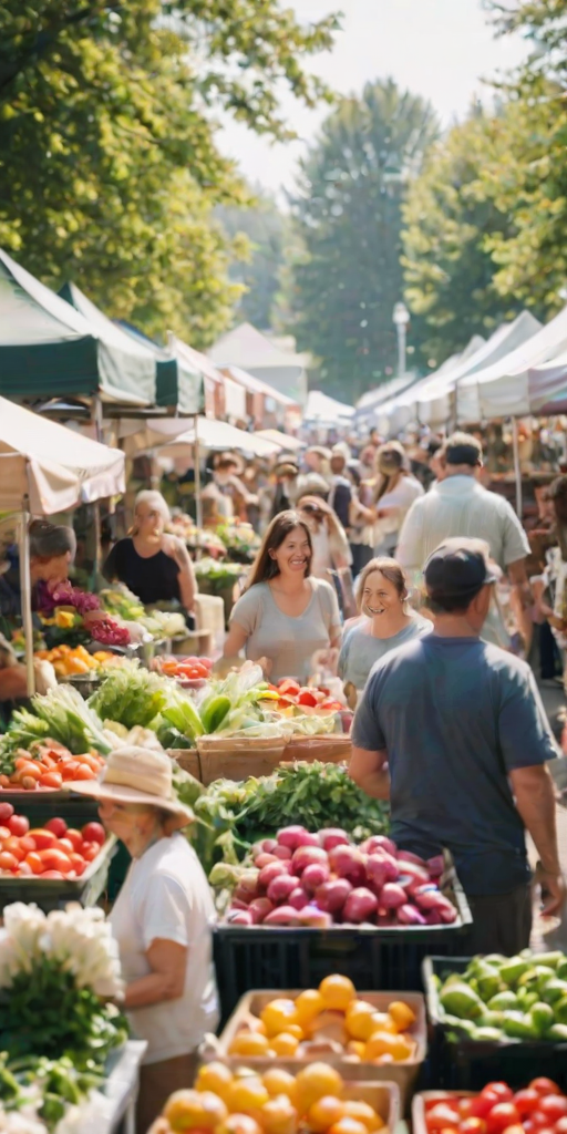 Blurry candid shot of a bustling outdoor farmers market, with vendors displaying fresh produce, colorful flowers, and smiling customers, all illuminated by soft sunlight.