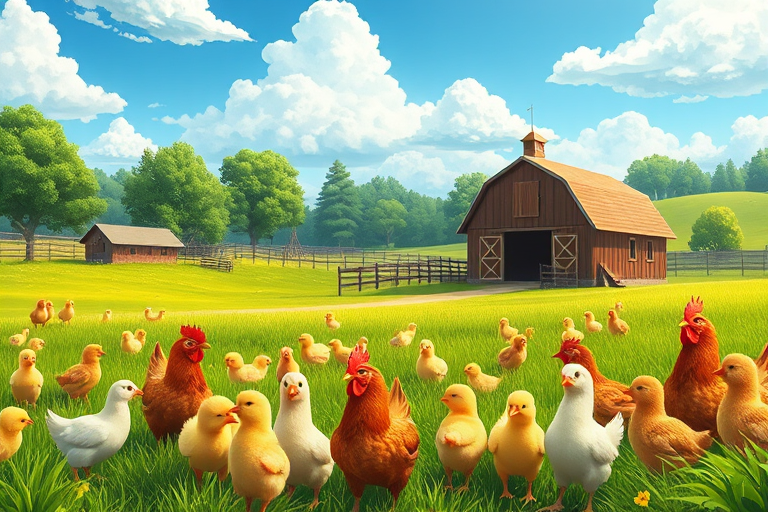 Generate a vibrant illustration of a farm scene with a variety of chickens and chicks in a lush green landscape, a wooden barn in the background, bright blue sky with fluffy white clouds, shot with a DSLR camera at f/8, ISO 100, and a wide-angle lens to capture the expansive view.