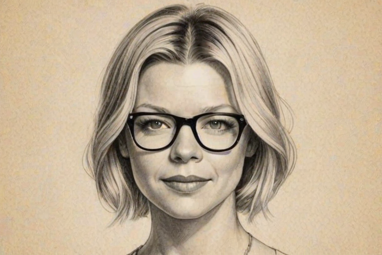 Beauteous Amy Smart, pencil sketch, portrait of Graceful woman 1921s in glasses, hair style beatnik, outline, clear lines, fine lines, 8k