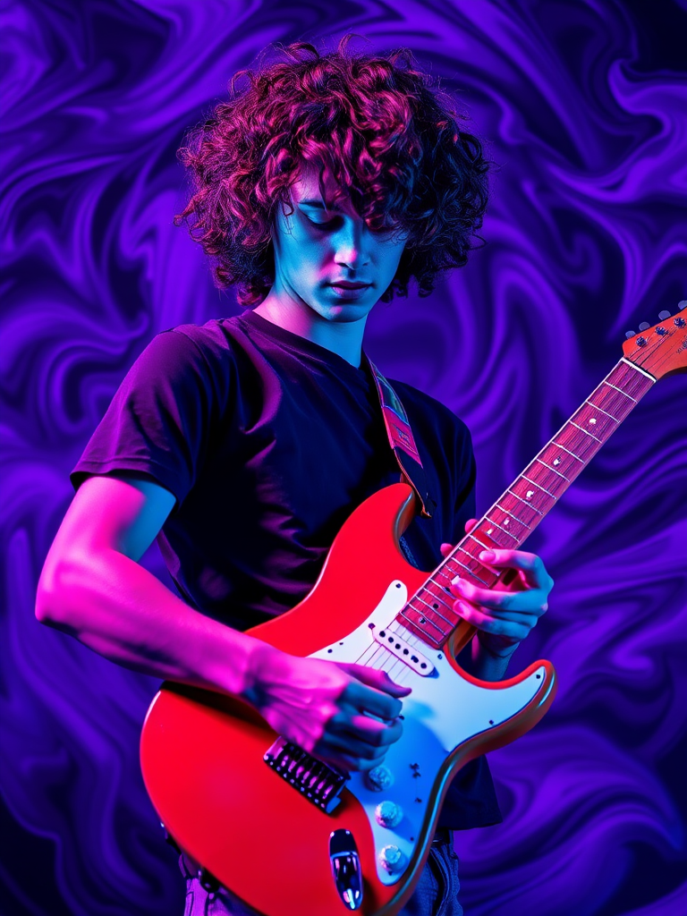 Create a vibrant portrait of a young man with curly hair playing an electric guitar, surrounded by swirling purple and blue patterns, shot with a Canon EOS R5 at f/2.8, ISO 100, 50mm lens, 1/200s exposure, in a soft focus style.