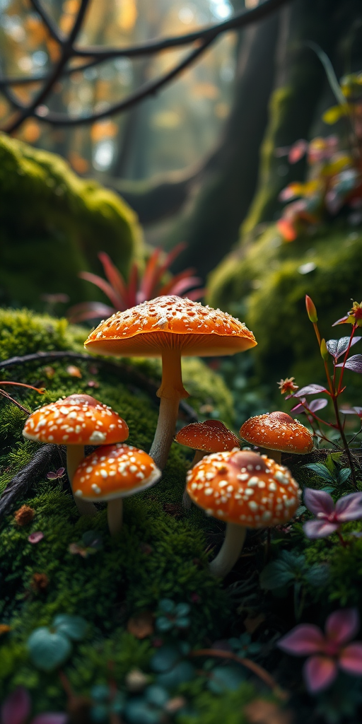 mystical forest scene featuring vibrant mushrooms with orange caps and white spots, surrounded by lush green moss and colorful plants, soft ethereal lighting filtering through tree branches, macro view, high dynamic range photography, f/2.8 aperture, 100mm lens, ISO 200, natural light, DSLR camera