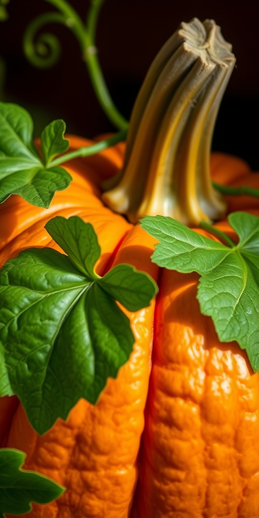 Create a detailed, high-resolution image of a ripe pumpkin with texture highlighting the grooves and curves, accompanied by lush green leaves and curling vines, shot in soft natural light using a DSLR camera, f/2.8 aperture, 50mm lens, shallow depth of field, and focused on the pumpkin to enhance color vibrancy and clarity.