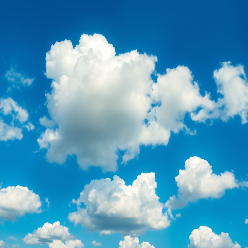 Create an illustration of fluffy, soft clouds in a bright blue sky, using a DSLR camera with a 50mm lens at f/2.8, capture view from below, in a high dynamic range style for enhanced detail and vivid colors.
