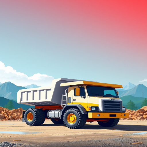 Create a high-resolution digital illustration of a stylized dump truck in a construction setting with a vibrant background of mountains and a clear sky, using a Canon EOS R5 with a 50mm lens, aperture set to f/4, ISO 100, and a wide-angle perspective to capture the truck in sharp detail against the colorful backdrop.