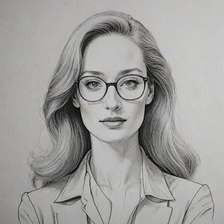 Wonderful Lotte Verbeek, pencil sketch, portrait of Gorgeous woman 1980s in glasses, hair style beatnik, outline, clear lines, fine lines, 8k