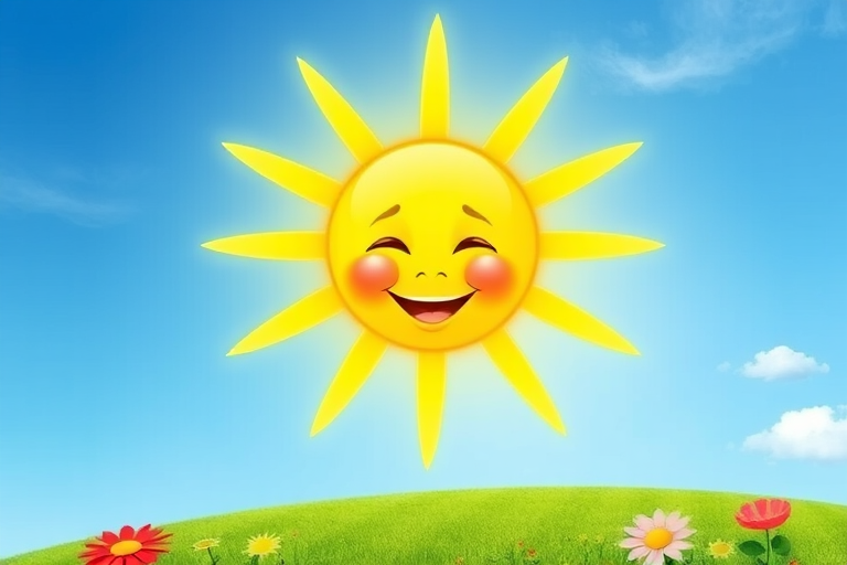 Create an image shows a bright, sun with a smiling baby's face in the center, radiating soft yellow rays. The sun is set against a clear blue sky with a few wispy clouds. Below, there's a lush green grassy hill with colorful, oversized flowers, giving the scene a whimsical, playful atmosphere.