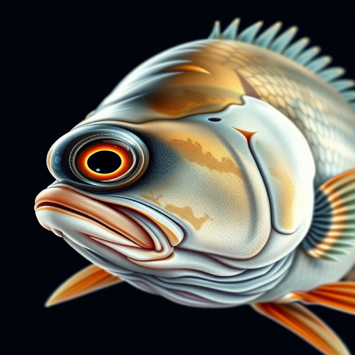Create a detailed illustration of a fish showing intricate scale patterns and features, with a high-resolution setting at 300 DPI, a macro lens for close-up details, a studio lighting setup for enhanced visibility, and a frontal view to capture the fish's anatomy.