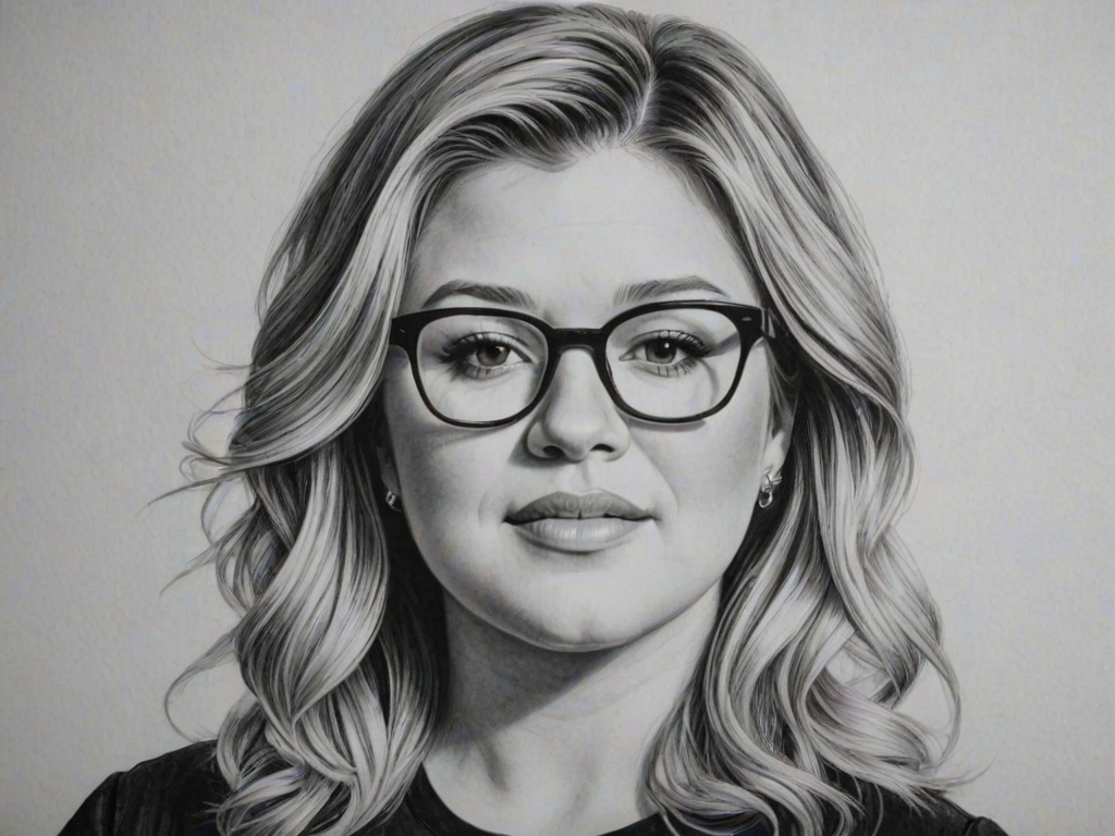 Gorgeous Kelly Clarkson, pencil sketch, portrait of Sublime woman 1961s in glasses, hair style beatnik, outline, clear lines, fine lines, 8k