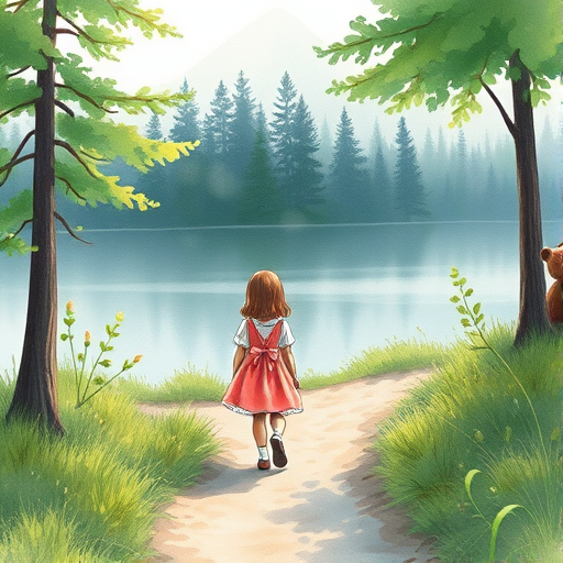 create a watercolor illustration of a young girl walking down a dirt path with a friendly bear beside her, surrounded by lush green trees and a serene lake in the background, use Canon EOS R5, 50mm f/1.2 lens, aperture f/2.8, ISO 100, soft natural light for a dreamy atmosphere