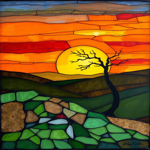 A vibrant abstract painting on Tiffany Glass, blending acrylic and alcohol ink techniques, captures a dramatic sunset over rolling hills. The artwork features a textured, rocky foreground in green and brown, layered abstract hills, and a striking sunset in rich oranges, yellows, and reds. A solitary black tree with intricate branches contrasts against the fiery sky, creating a dynamic and expressive portrayal of a breathtaking natural scene.
