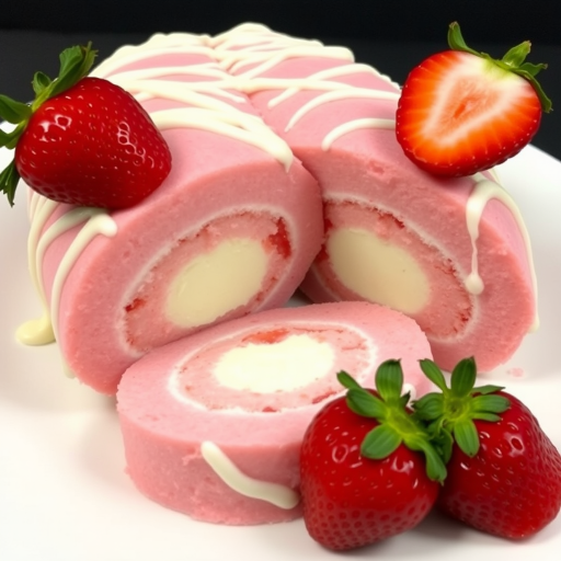 A delicious pink strawberry roll cake with creamy filling sliced on a white plate garnished with fresh strawberries and drizzled with white chocolate.