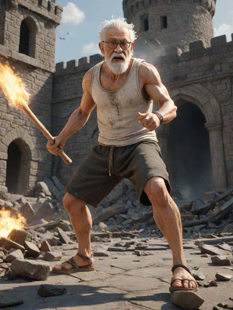 Cartoon 3D High-Resolution,dynamic battle scene using Unreal Engine 5 and Octane Render. The scene features back of an elderly, thai man with a beard,messy hair and round golden-rimmed glasses. He is wearing a tattered tank top with soot marks, shorts, and sandals. sweating. he wields a baseball bat. He jump to fight with a white fire-breathing Europe dragon amidst a partially destroyed stone castle. Include intense flames, smoke, and debris to enhance the dramatic effect.