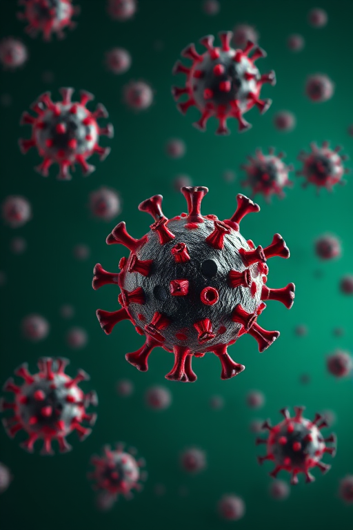 highly detailed 3D rendering of virus particles floating in space, dark green background with soft lighting, macro lens effect, aperture f/2.8, ISO 100, 50mm lens, portrait orientation, high dynamic range imaging