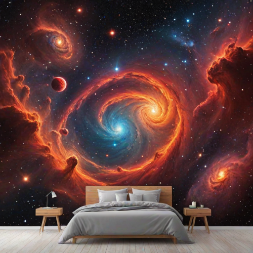 create a vibrant and dynamic cosmic scene with swirling red and orange nebulae, bright stars, and a distant planet, emphasizing depth and color contrast in a vast galaxy backdrop