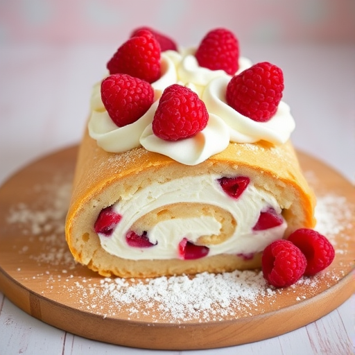 A delicious raspberry roll cake topped with whipped cream and fresh raspberries on a wooden board, sprinkled with powdered sugar, with a soft pastel background.