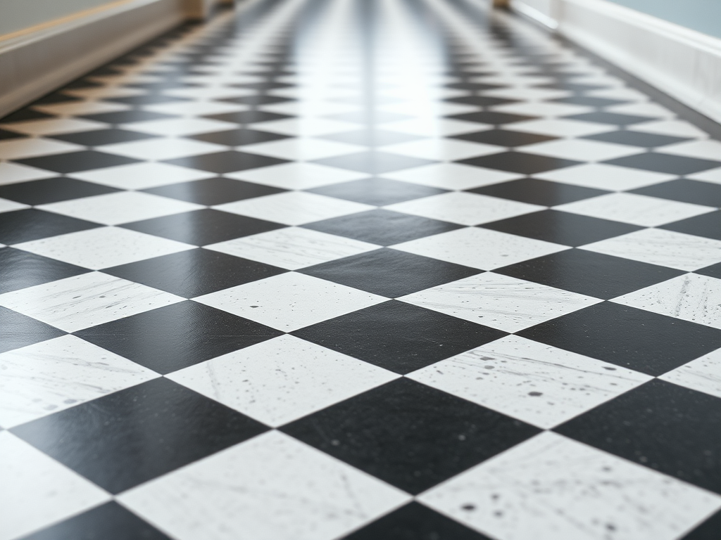 a textured black and white checkered floor with a smooth finish, low angle view, 35mm lens, f/8 aperture, ISO 100, soft diffuse lighting