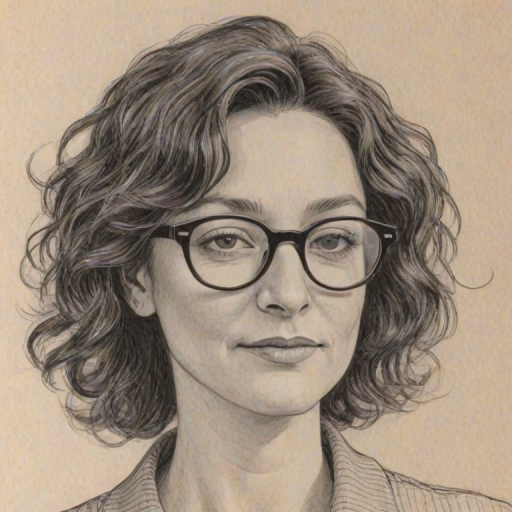Fetching Sara Gilbert, pencil sketch, portrait of Resplendent woman 1961s in glasses, hair style beatnik, outline, clear lines, fine lines, 8k