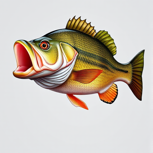 Create a high-resolution digital illustration of a detailed largemouth bass, showcasing vibrant colors and intricate patterns, with lighting focusing on the reflections in the scales, using a DSLR camera with a 50mm lens, f/2.8 aperture, ISO 100, and a shallow depth of field for a professional studio look.