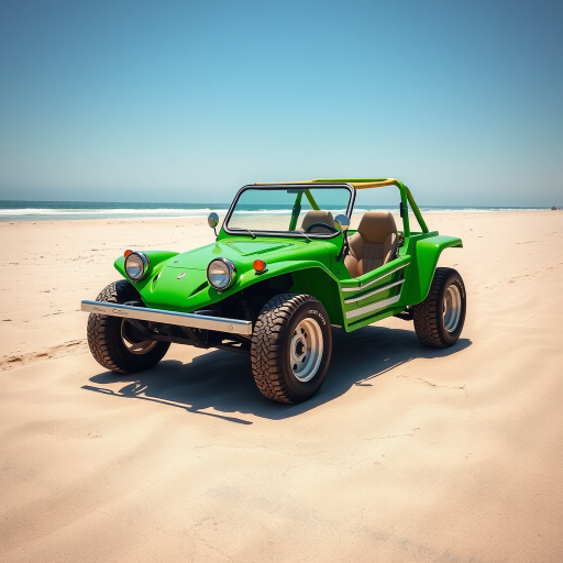 create an image of a vibrant green dune buggy parked on a sunny beach with soft shadows, using a DSLR camera at f/8 aperture, 1/200 sec shutter speed, ISO 100, wide-angle lens for a dynamic perspective, and in high resolution for detailed textures and colors