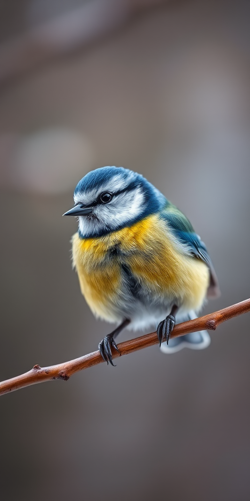 Capture a close-up of a blue tit perched on a branch with a blurred background, using a Canon EOS 5D Mark IV, f/8 aperture, 1/200 sec shutter speed, ISO 400, and a shallow depth of field to enhance details and colors.