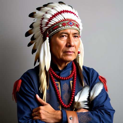 Create a dignified portrait of a Native American man dressed in traditional attire. He wears a beautifully crafted headdress adorned with white feathers and red beads, along with a beaded headband featuring intricate patterns. His clothing includes a deep blue, patterned shirt and a traditional chest piece with detailed beadwork. His arms are crossed, displaying leather armbands decorated with feathers. The background is simple and neutral, emphasizing his proud and stoic expression. The overall image captures the rich cultural heritage and strength of his persona.