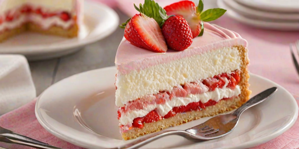 Create an image of a slice of layered strawberry dessert. The base should be a light pink sponge cake, topped with a creamy white filling and finished with a swirl of fluffy pink whipped cream. Include a fresh strawberry on the side and a fork next to the slice. The background should be soft and inviting, enhancing the dessert's appeal.