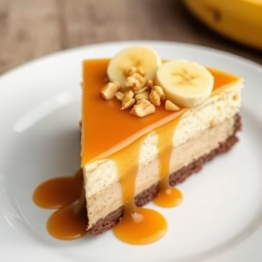 Create an image of a slice of banana caramel cheesecake with a smooth caramel topping drizzled over it topped with banana slices and chopped nuts on a white plate. The cheesecake should have a layered appearance with a chocolate crust and creamy filling.