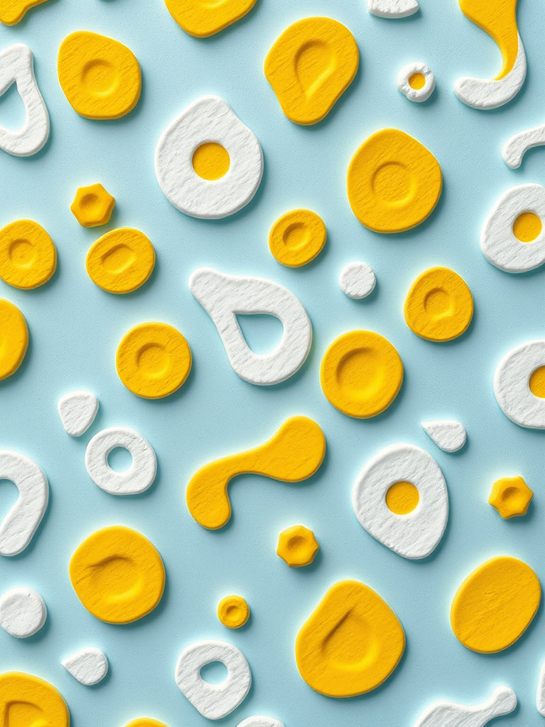 Regenerate an abstract pattern with organic shapes in white and yellow on a soft blue background, using a DSLR camera with a 50mm lens, aperture f/2.8, ISO 100, top-down view, bright daylight, and high contrast to enhance colors and details.