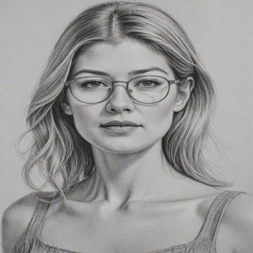 Fascinating Rosamund Pike, pencil sketch, portrait of Gorgeous woman 1974s in glasses, hair style beatnik, outline, clear lines, fine lines, 8k