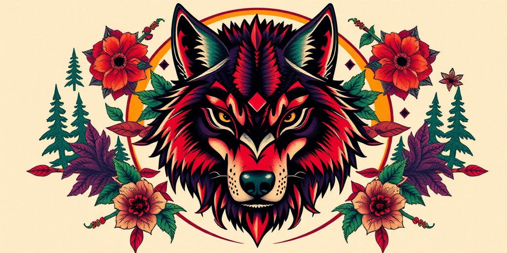 Bold neo-traditional wolf tattoo, "Primal Guardian," featuring a fierce wolf head with exaggerated features and vivid colors like deep reds, rich purples, and forest greens, surrounded by stylized nature elements and geometric shapes, perfect for a shoulder or thigh placement