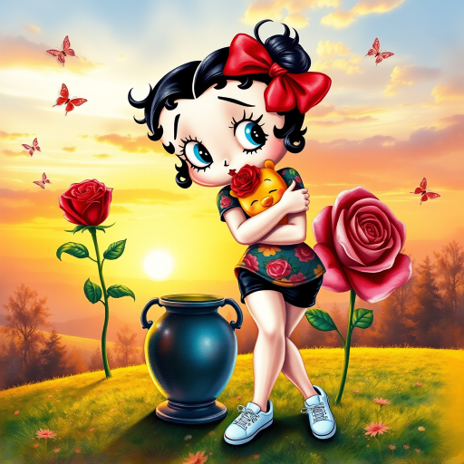 Luxury 3D HD realistic watercolor oil painting. Betty Boop with black hair in two messy buns. Red headband with big bow. He wears black shorts with a colorful t-shirt. White sneakers. She is standing hugging winnie the pooth next to a large vase with a tall red rose, There are trees and butterflies flying. The land with a beautiful lawn. Full body. Background of a sunset