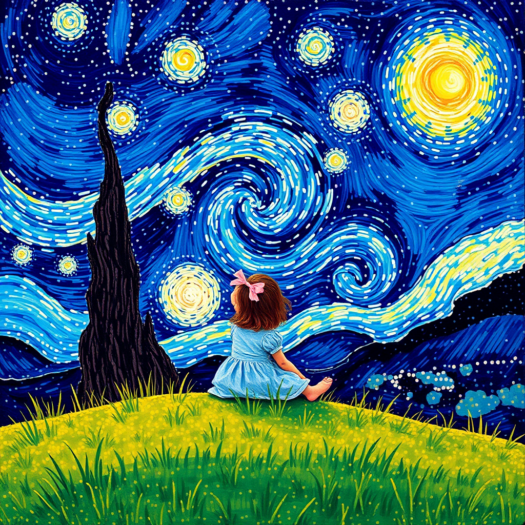 A young girl sitting on a grassy hill, looking up at the starry night sky painted in the style of Vincent Van Gogh's famous "Starry Night". The entire image is composed of tiny dots, giving it a dreamlike and illusionary quality. The girl is surrounded by vibrant colors and swirls in the sky, with stars twinkling above her