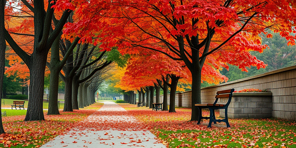 capture a serene autumn park pathway lined with trees showcasing vibrant red and orange leaves, with benches and a stone wall in the background, use a Canon EOS R5, 35mm lens, aperture f/8, shutter speed 1/250s, ISO 200, natural light, focus on depth of field to enhance details in the foreground and background
