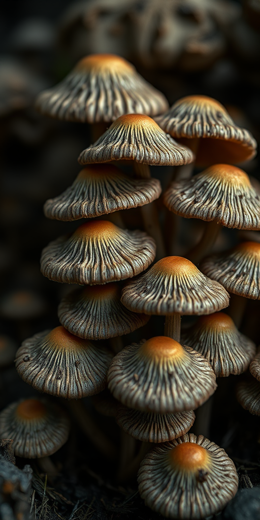 Create a highly detailed and textured image of a cluster of stylized mushrooms in a dark color palette, shot with a DSLR camera at f/2.8 aperture, ISO 100, 50mm lens, in a macro view to emphasize the intricate details and depth of field, with soft natural lighting to enhance the shapes and shadows.