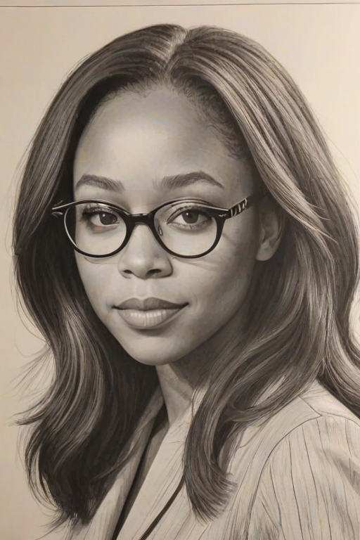 Gorgeous Nicole Beharie, pencil sketch, portrait of Fetching woman 1949s in glasses, hair style beatnik, outline, clear lines, fine lines, 8k