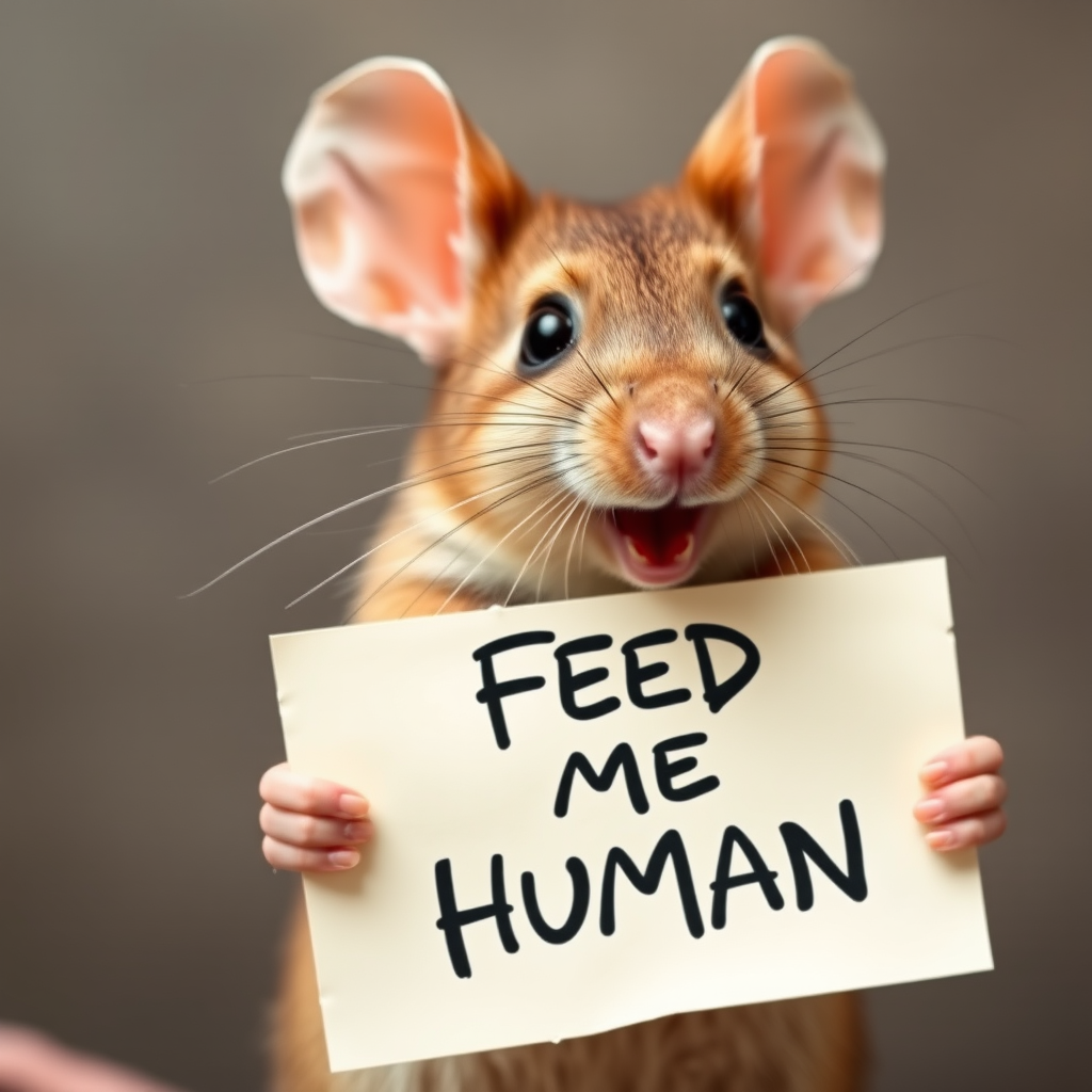 mouse holding a note which says "FEED ME HUMAN"