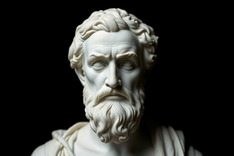 Capture a high-contrast image of a marble bust of a philosopher against a black background, using a Canon EOS R5 with a 50mm f/1.2 lens, aperture set to f/2.8, ISO 100, shutter speed 1/125 sec, in portrait orientation.