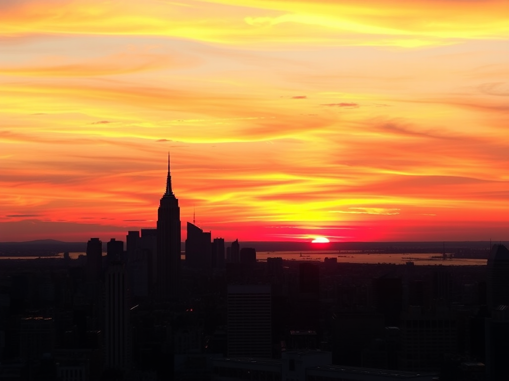 Capture a breathtaking sunset over a city skyline with vivid orange and red hues, using a DSLR camera at f/11, ISO 100, shutter speed 1/125s, with a wide-angle lens, taken from a high vantage point to enhance the depth of the scene.