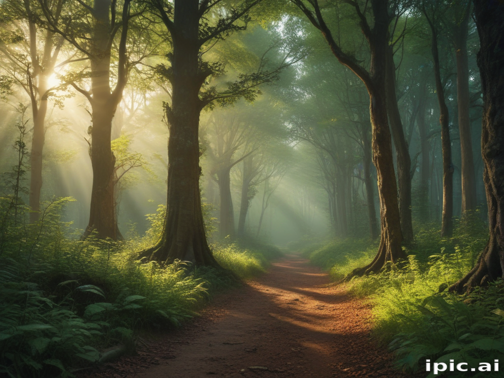 Enchanting Forest Path Illuminated by Soft Sunlight Filtering Through Trees