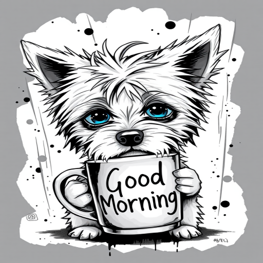 A quirky, artistic illustration of a disheveled chinaranian dog breed with exaggerated, large eyes and spiky fur, holding a coffee mug that reads "Good Morning". The dog has a tired but humorous expression, with ink splatters and abstract details surrounding it, giving a whimsical feel to the image. The color palette is mostly monochrome with hints of blue in the eyes and steam rising from the mug, enhancing the overall sleepy vibe