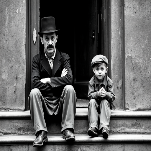 A black-and-white photograph of a man and a child sitting on steps in front of a doorway. The man is dressed as a tramp with a bowler hat, mustache, and ragged clothes, reminiscent of Charlie Chaplin's iconic look. He is sitting with his arms crossed and an expression of slight sadness or frustration. Next to him is a young boy, also in worn clothes and a cap, sitting with his hands clasped, looking thoughtful. The background is an old, textured wall and a partially open door, creating a vintage, early 20th-century atmosphere.